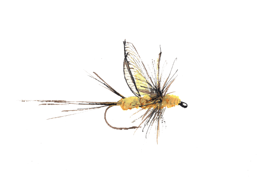 Hand-painted Sulphur Dun fly, honoring fly-tier Jeff Wilkins